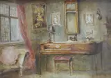 Interior scene with piano by Gertrude Hardy, ink, sold Oct 2025