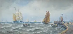 Maritime scene with ships and rowing boats by Thomas Bush Hardy, 1887, watercolour, offered Oct 2025