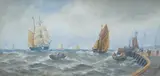 Maritime scene with ships and rowing boats by Thomas Bush Hardy, 1887, watercolour, offered Oct 2025