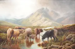 Highland cattle grazing before mountains by William Perring Hollyer, oil on canvas, sold Oct 2025