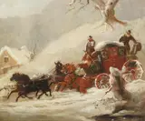 Coaching scene in snow by Charles Cooper Henderson, oil on canvas, sold Oct 2025