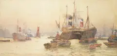 Thames view with tug boats and ships by Frederick William Scarborough, watercolour, sold Oct 2025