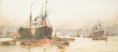Thames view with tug boats and ships by Frederick William Scarborough, watercolour, sold Oct 2025