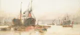 Thames view with tug boats and ships by Frederick William Scarborough, watercolour, sold Oct 2025