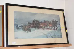 Coloured print of Major Caruther leading troops through the snow 1918 by Lucy Kemp-Welch, print, sold Aug 2026