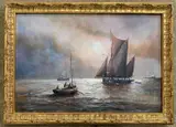 Fishing Boats off Lowestoft by Joe Crowfoot, oil on board, sold Aug 2026