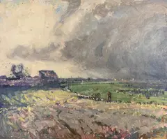 Landscape scene by Geoffrey Chatten, oil on board, sold Aug 2026