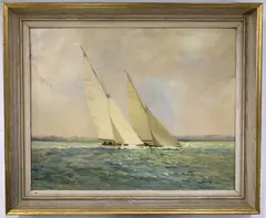 Falcon K20 racing boat built in 1930 alongside the K6 in a by William Francis Burton, 1961, oil on board, sold Aug 2026