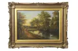 Lady and child stand on the riverbank fishing by John Sheppard, oil on board, sold Aug 2026