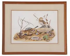Snow Buntings by Sarah Merlen, 1983, gouache, sold Aug 2026