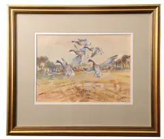 Geese alighting over fields by Jack Cox, watercolour and pastel, sold Aug 2026