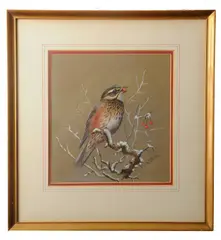 Perched Redwing by Philip Rickman, watercolour and gouache, sold Aug 2026