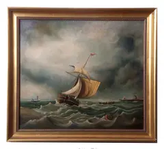 Sailing ships on choppy seas by James Webb, oil on canvas, sold Jul 2026