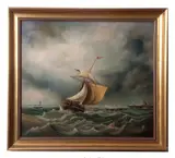 Sailing ships on choppy seas by James Webb, oil on canvas, sold Jul 2026