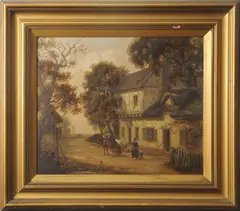 Rural scene in autumn with travellers walking and riding horseback by a by Thomas Smythe, oil, sold Jul 2026