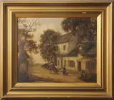 Rural scene in autumn with travellers walking and riding horseback by a by Thomas Smythe, oil, sold Jul 2026
