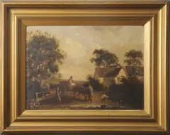 Travellers with a horse and cart rest by a stream and cottage by Thomas Smythe, oil on canvas, sold Jul 2026