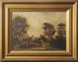 Travellers with a horse and cart rest by a stream and cottage by Thomas Smythe, oil on canvas, sold Jul 2026