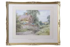 Cottage by a stream with wandering geese in a by Henry John Sylvester Stannard, watercolor, sold Jul 2026