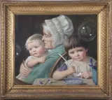 Interior scene with an elderly lady and children by Edward Clifford, 1884, watercolour and gouache, sold Jul 2026