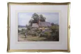 Young girl stands before a thatched cottage in a by Henry John Sylvester Stannard, watercolour, sold Jul 2026