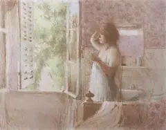 Woman gazes out of open windows by Bernard Dunstan, lithograph, sold Jul 2026