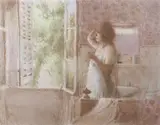Woman gazes out of open windows by Bernard Dunstan, lithograph, sold Jul 2026