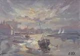 Fishing boat at Wells Harbour by Jack Cox, oil on board, sold Jul 2026