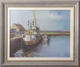 Boats moored in a harbour / estuary by Bryan Ryder, oil on canvas, sold Jul 2026