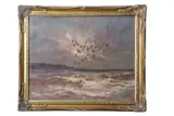 Geese alighting over turbulent seas by Jack Cox, oil on board, sold Jul 2026