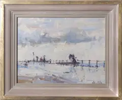Figures on a windy and wet day on the coastline by Geoffrey Chatten, oil on board, sold Jul 2026