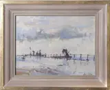 Figures on a windy and wet day on the coastline by Geoffrey Chatten, oil on board, sold Jul 2026