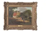 Thatched cottage with figures conversing by a fence and a foreground by Alfred Stannard, oil on panel, offered Jul 2026