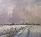 Norfolk Broads in the winter by Geoffrey Chatten, oil on board, sold Jul 2026