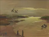 Ducks on an estuary by Jack Cox, oil on board, sold Jul 2026