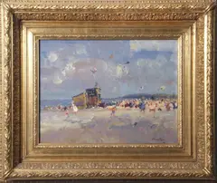 Punch and Judy on Gorleston beach by Geoffrey Chatten, oil on board, sold Jul 2026