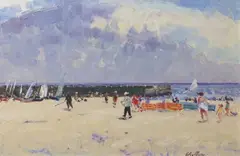 Beach scene with figures and sailboats by Geoffrey Chatten, oil on board, sold Jul 2026