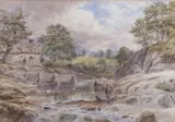 A rural scene with an angler and dog on the riverbank by Charles Harmony Harrison, watercolour, sold Jul 2026