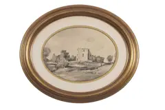 Castle / Abbey en grisaille by Arthur E. Davies, watercolour and ink, sold Jul 2026