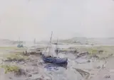 Boats in an estuary by Jack Cox, watercolour, sold Jul 2026