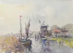 Estuary scene by Jack Cox, watercolour and gouache on board, sold Jul 2026
