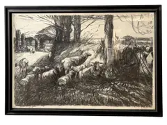 Sheep at rest in a field /lane with a farm hand in the distance by Harry Becker, lithograph, sold Jul 2026