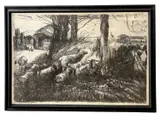 Sheep at rest in a field /lane with a farm hand in the distance by Harry Becker, lithograph, sold Jul 2026