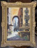 Italian market street by Giueseppe Elettro, oil on board, sold Jul 2026