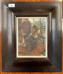 Interior setting with two ladies by Thomas John Coates, oil on board, sold Jul 2026