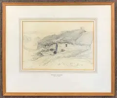 Thatched farm building with an expanse of water in the distance by Henry Bright, 1862, pencil on paper, sold Jul 2026