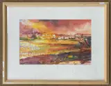 Abstract view over a harbour / port by Martin Laurance, mixed media, sold May 2026