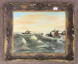 Drifters leaving Lowestoft by Ca Barker Aa, 1986, oil on board, sold May 2026