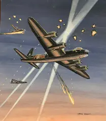Short Stirling RAF Searchlight Scene by Mike Bailey, gouache, sold May 2026