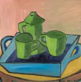 Coffee Pot, Cups and Tray by Helen Lopez, oil on board, sold Aug 2026